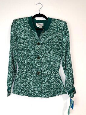 NWT VTG Andrea Gayle Emerald Button Up Cinched Waist Blouse Sz 8
